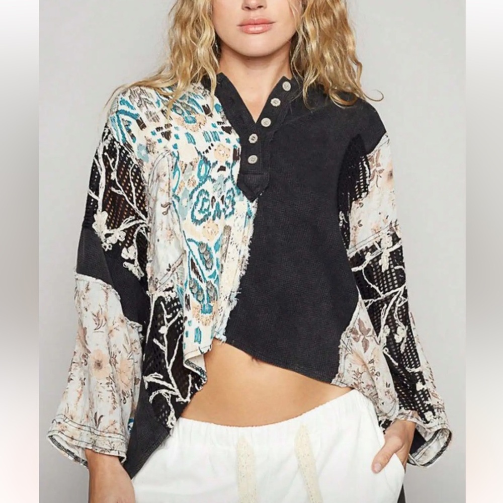 111.Sold out NEW POL Bohemian Patchwork Top - Black and Blue - Picture 1 of 2